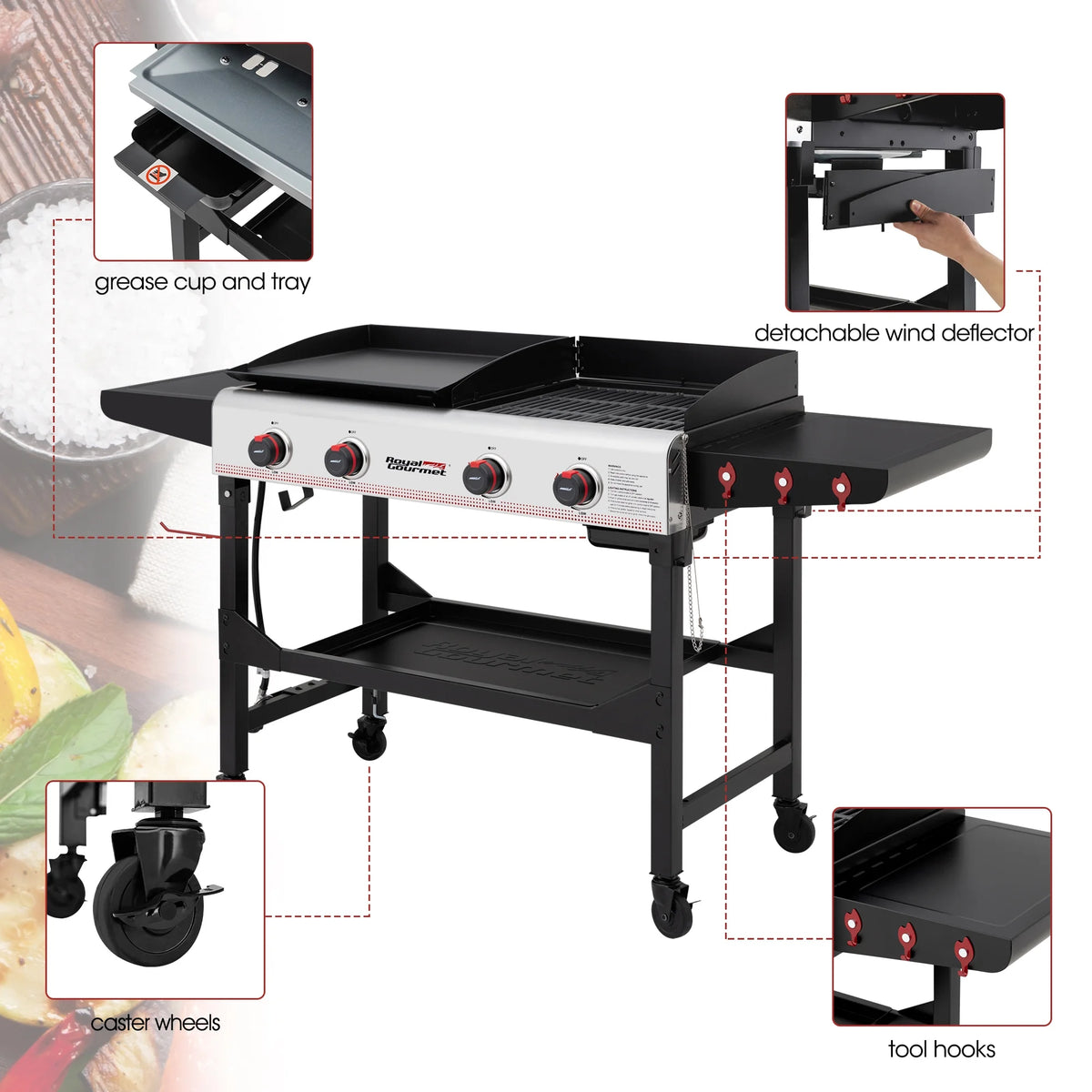 4-Burner Portable Flat Top Gas Grill and Griddle with Folding Legs J7966