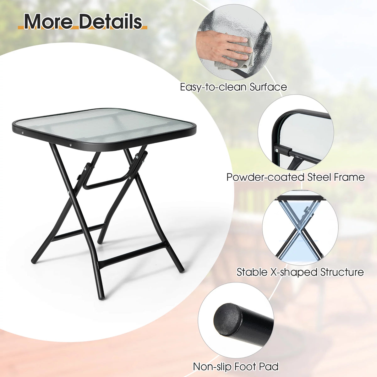 18'' Foldable Square Patio Side Table with Tempered Glass Top Y13001