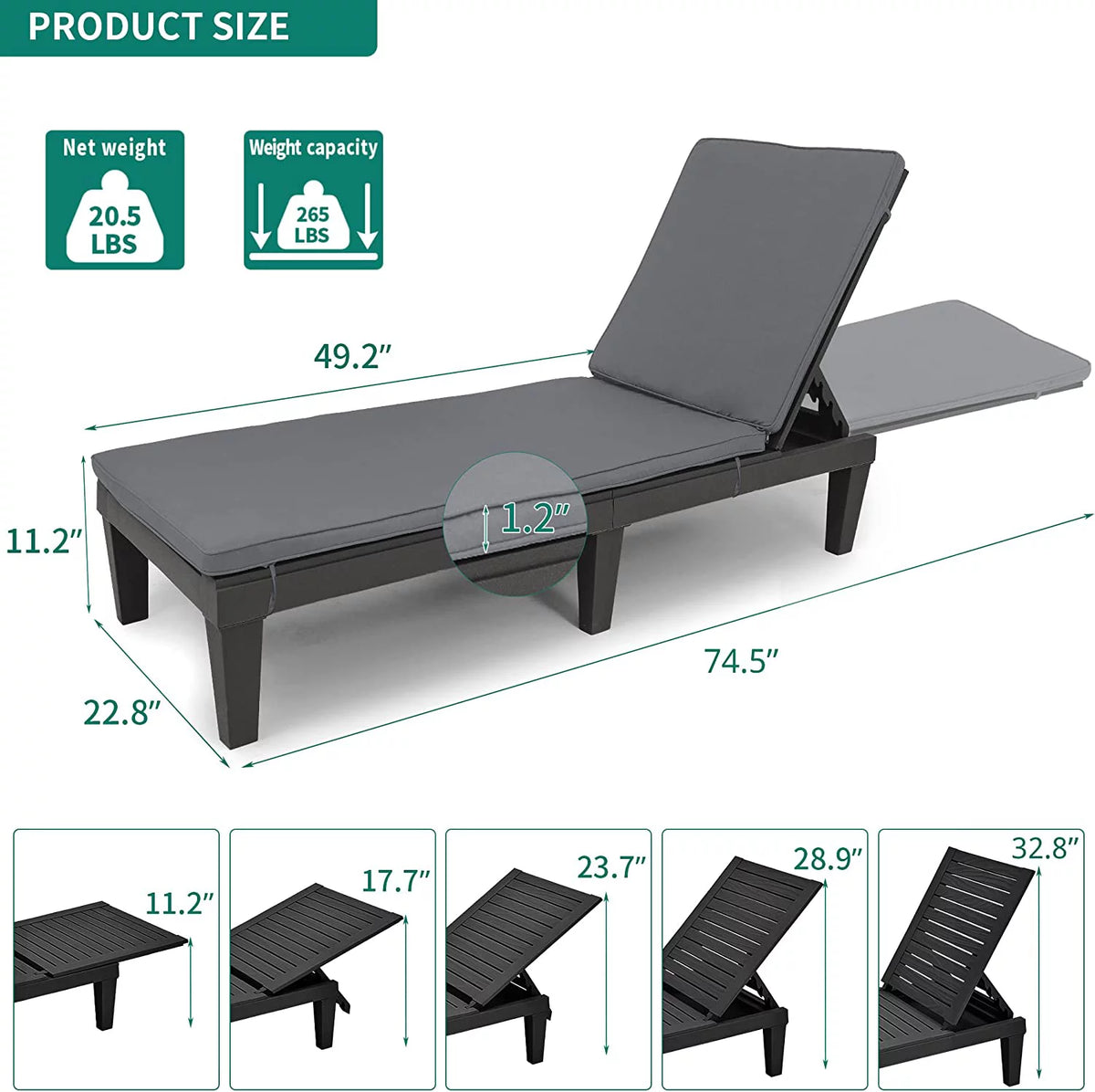 2 Pcs Adjustable Outdoor Chaise Lounge Chairs Set Black L6922