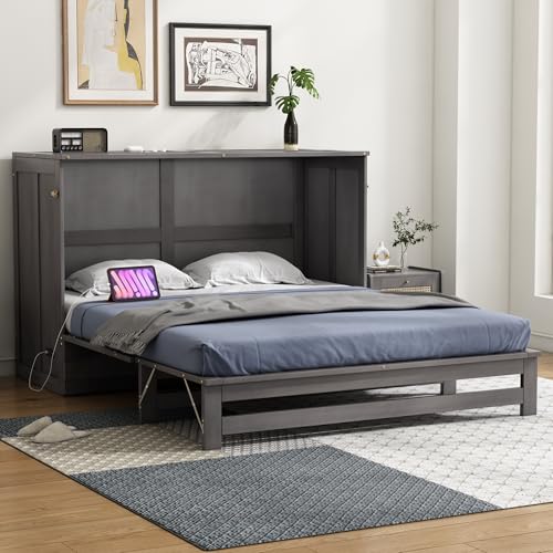 Queen Size Solid Pine Murphy Bed Cabinet with Storage Drawer M480