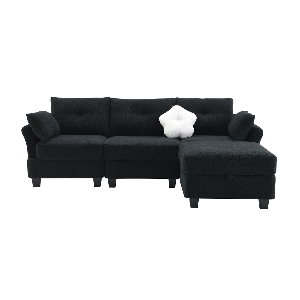 Black Velvet Sectional Sofa with Storage Ottoman L9800