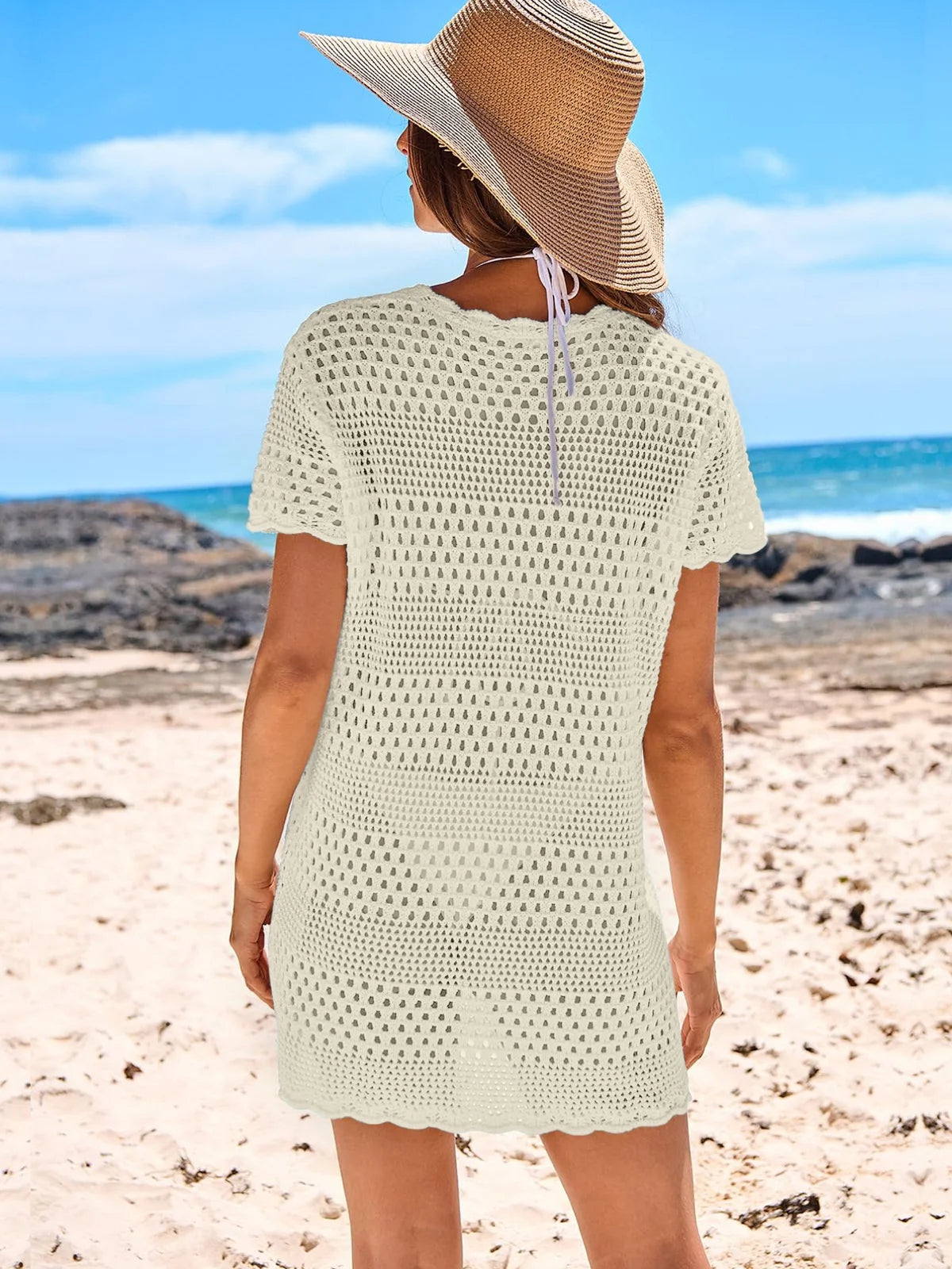 Crochet Hollow Out Knit Short Sleeve Beach Dress Q467358