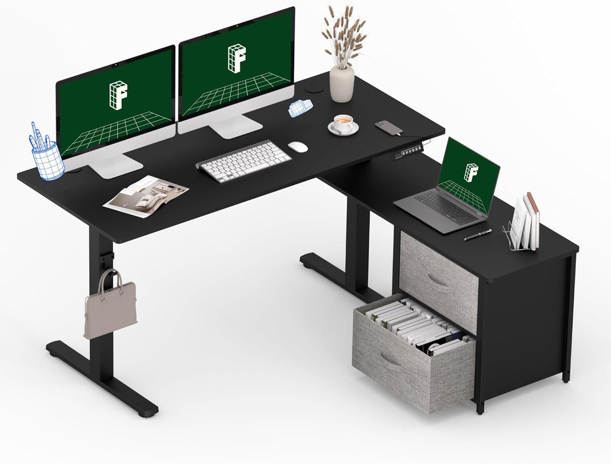 Black L Shaped Standing Desk with Drawers B66251