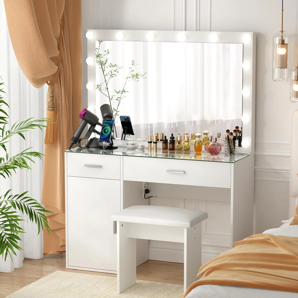 White Makeup Vanity Desk with Mirror and Lights U3949