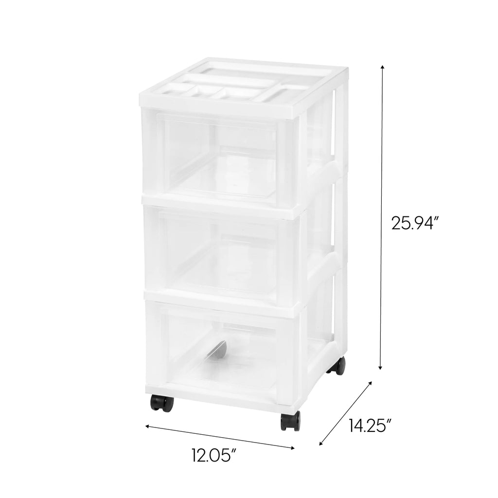 White 3 Drawer Narrow Plastic Storage Drawer with Organizer Top R6611