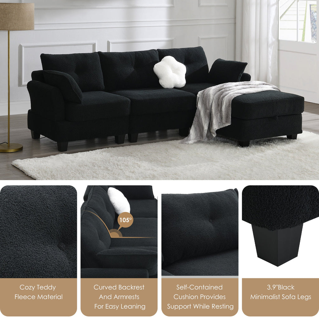 Black Velvet Sectional Sofa with Storage Ottoman L9800