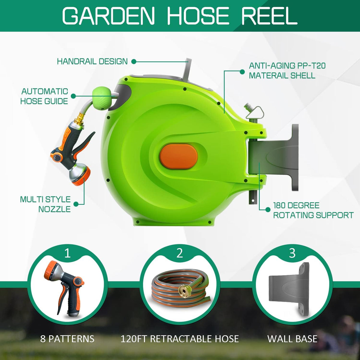 1/2'' x 100 FT Retractable Hose Reel with 8 Patterns Nozzle G1624