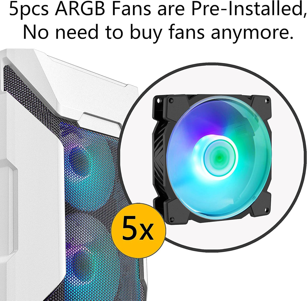 White Mesh Mid Tower PC Case with 5 ARGB Fans and Tempered Glass Panel T622850