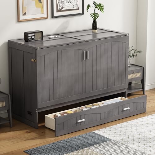 Queen Size Solid Pine Murphy Bed Cabinet with Storage Drawer M480