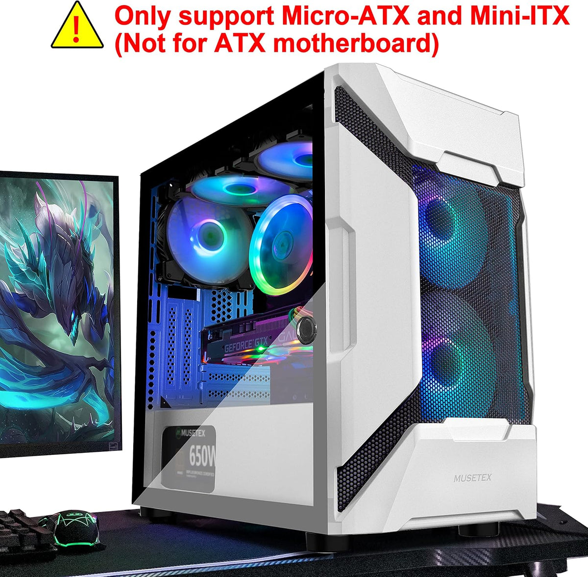 White Mesh Mid Tower PC Case with 5 ARGB Fans and Tempered Glass Panel T622850