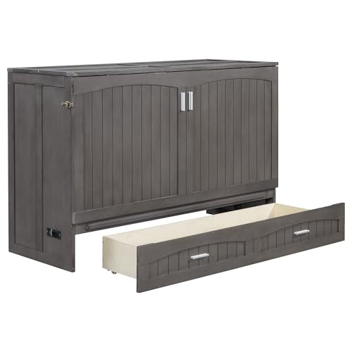 Queen Size Solid Pine Murphy Bed Cabinet with Storage Drawer M480