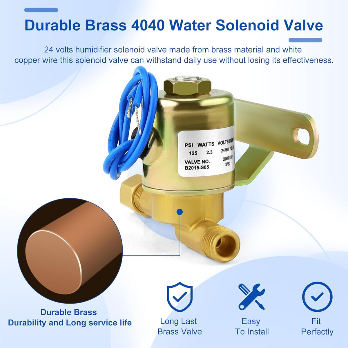 24V Brass Humidifier Solenoid Valve, 3/32" Orifice, 2.3 Watt 60 Hz O888907