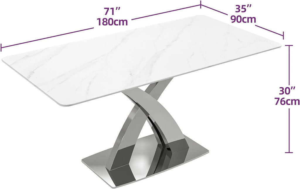 White Sintered Stone Dining Table for 8, Stainless Steel Base J210483