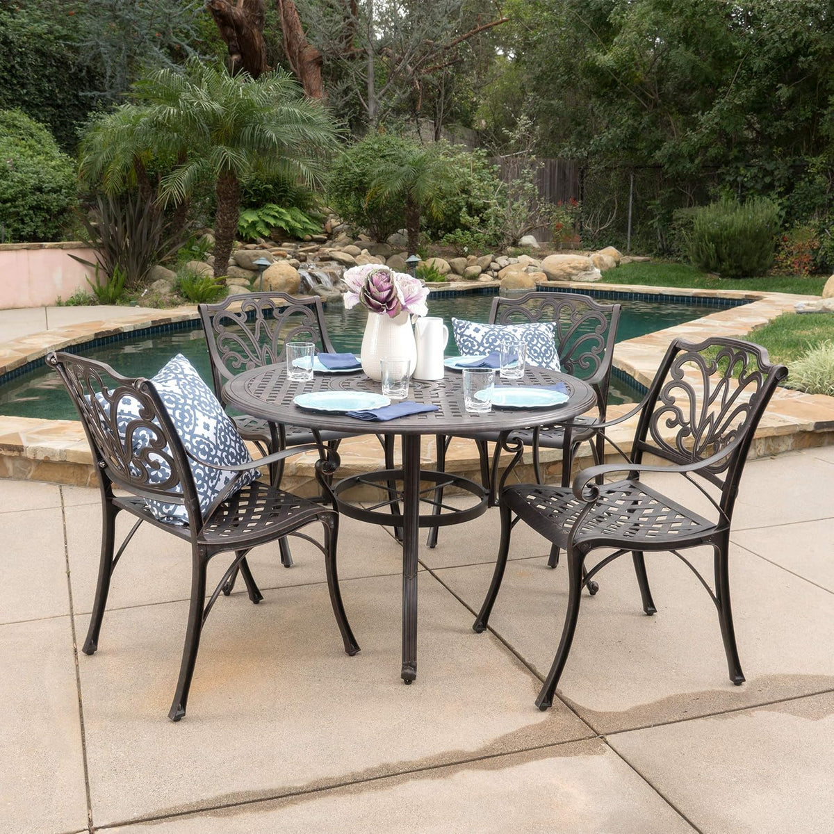 Bronze 5-Pcs Cast Aluminum Circular Dining Set Q60695