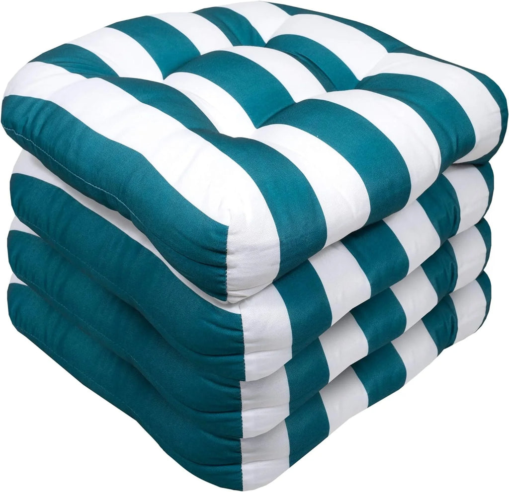 Green and White Striped Square Outdoor Chair Cushions 4 Pack H211
