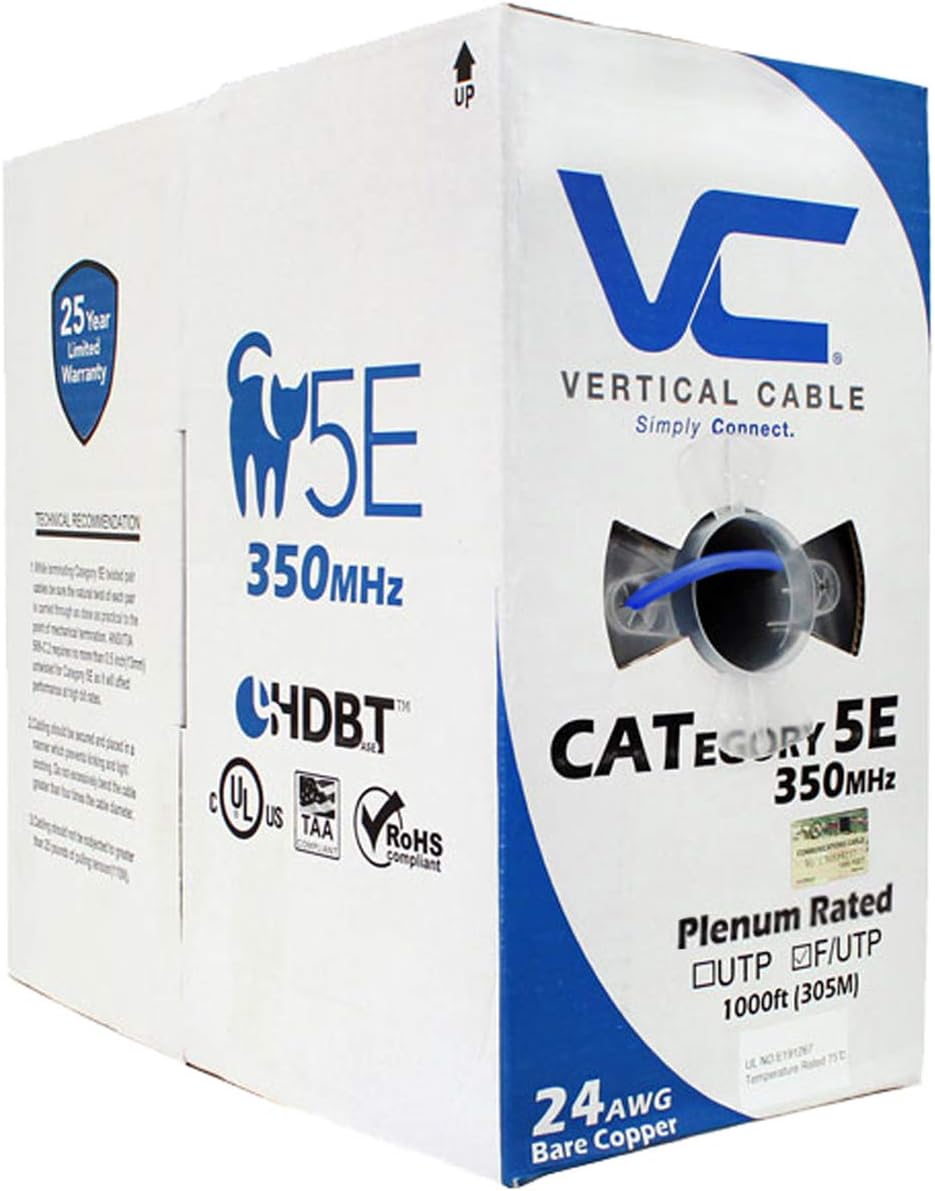 Cat5e Shielded 24AWG Solid Bare Copper Plenum 1000ft Bulk Ethernet Cable White R642104