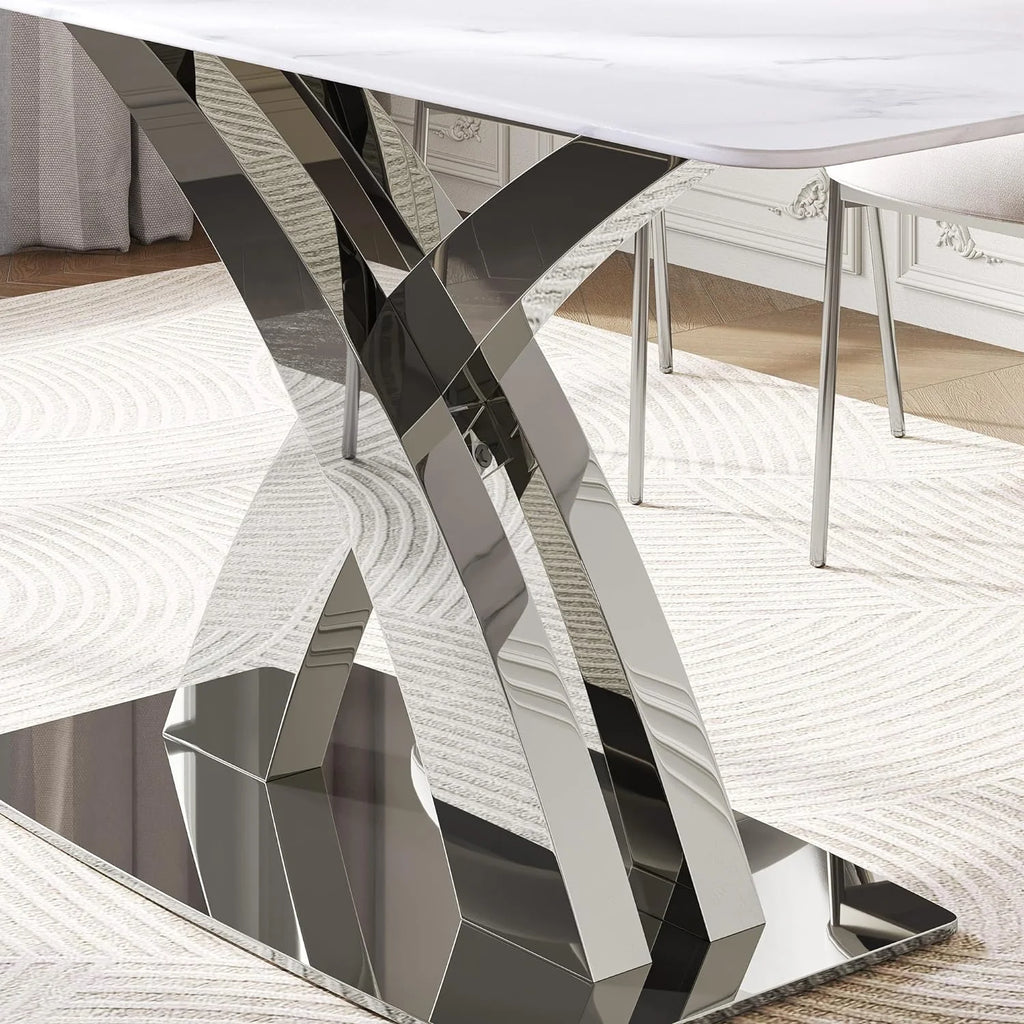 White Sintered Stone Dining Table for 8, Stainless Steel Base J210483