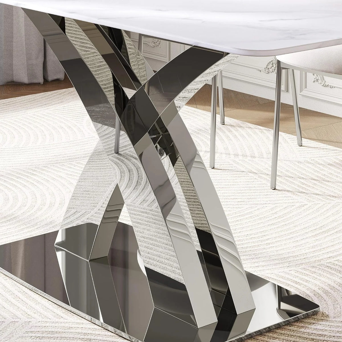 White Sintered Stone Dining Table for 8, Stainless Steel Base J210483