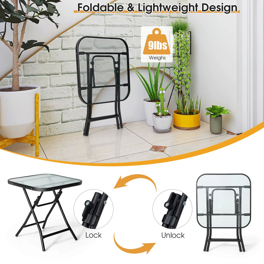 18'' Foldable Square Patio Side Table with Tempered Glass Top Y13001