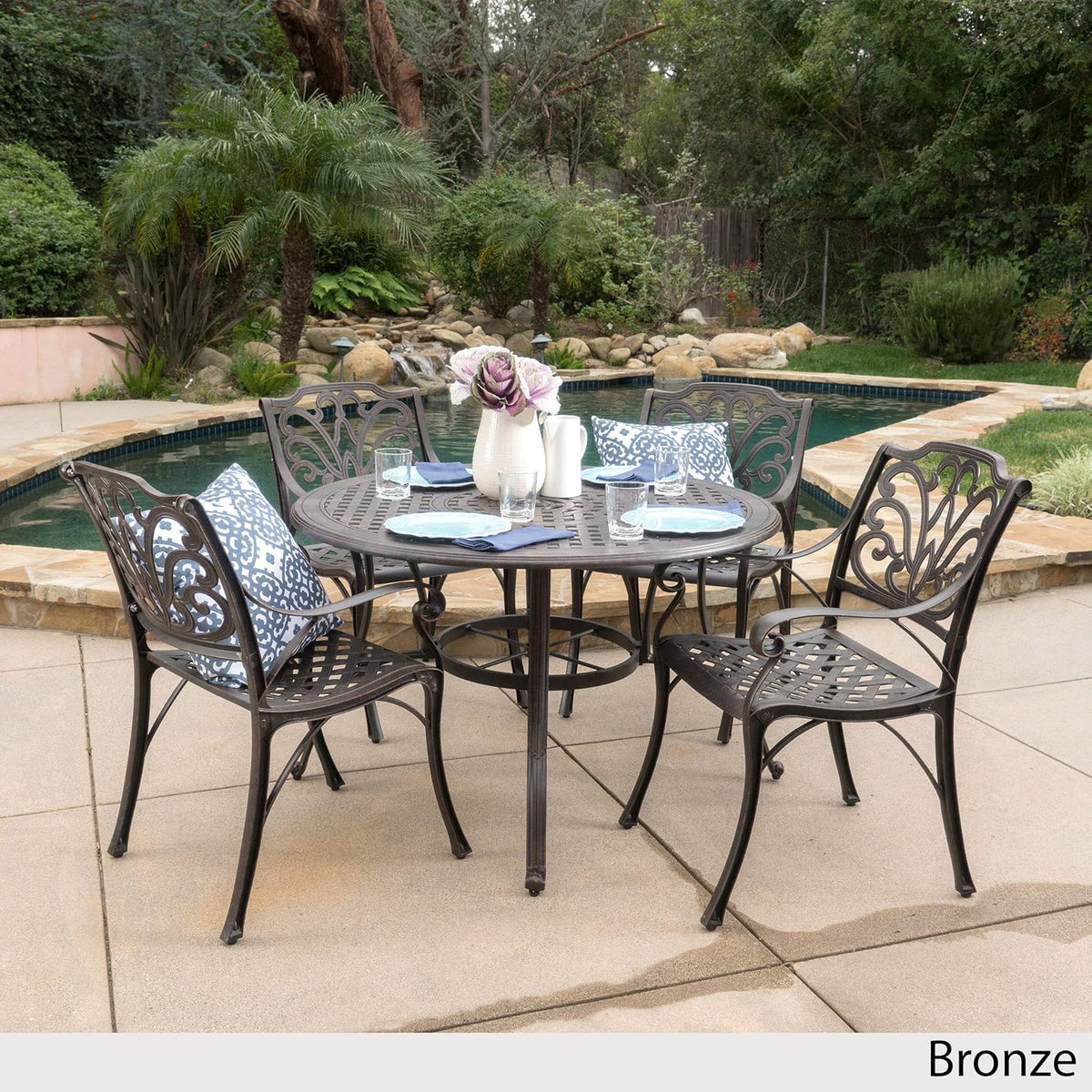 Bronze 5-Pcs Cast Aluminum Circular Dining Set Q60695