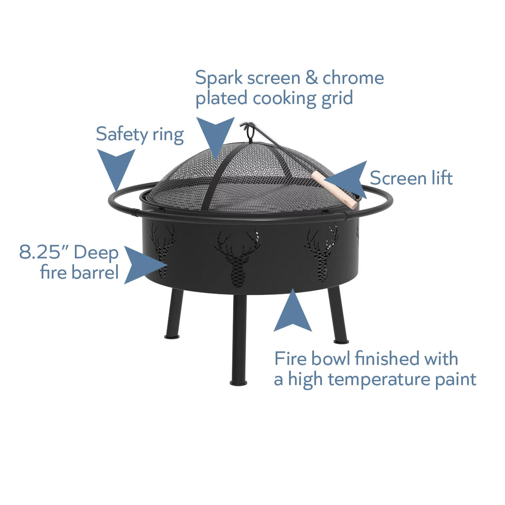 29" Round Fire Barrel with Screen, Lift, and Ash Catch, Black O1719