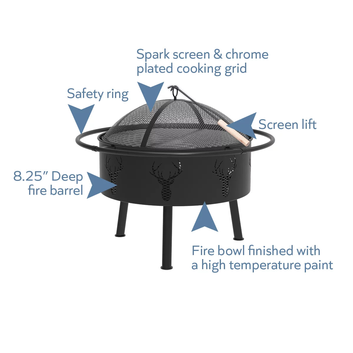29" Round Fire Barrel with Screen, Lift, and Ash Catch, Black O1719
