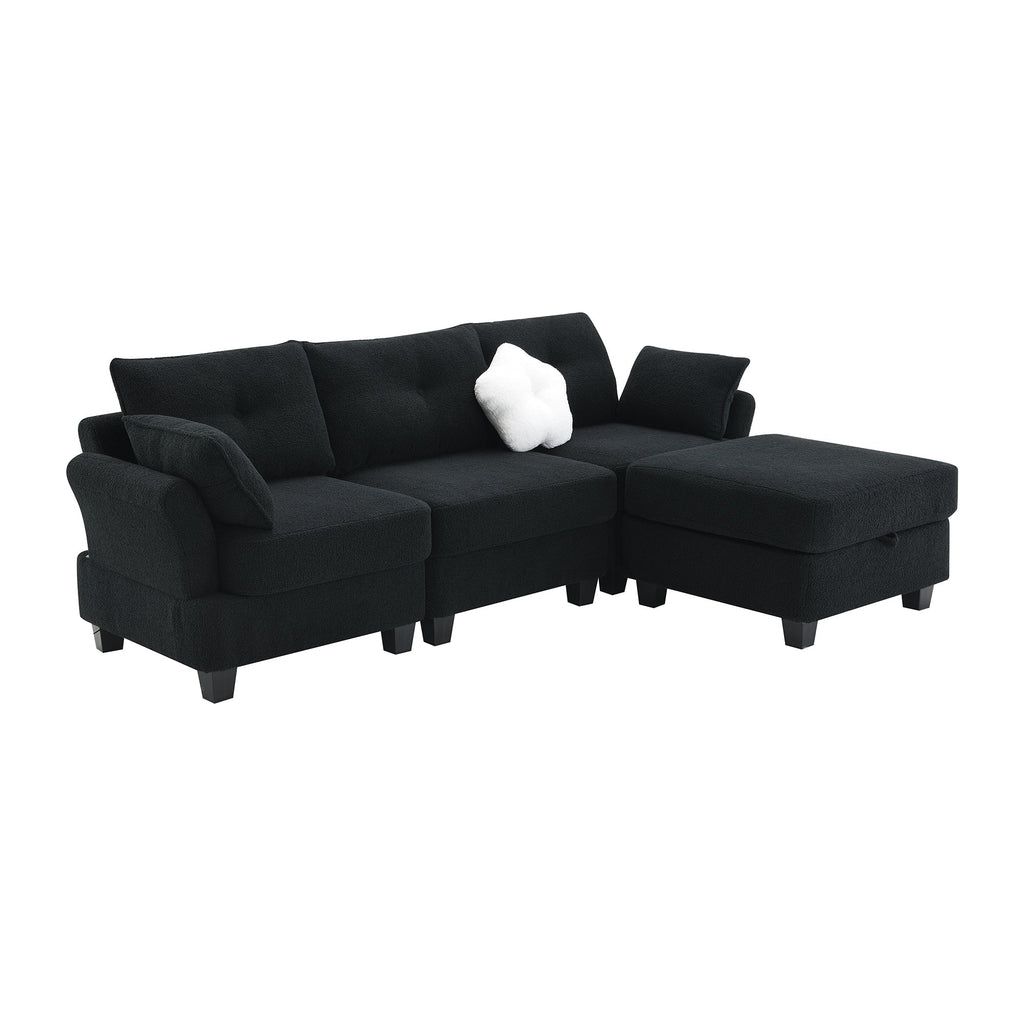 Black Velvet Sectional Sofa with Storage Ottoman L9800