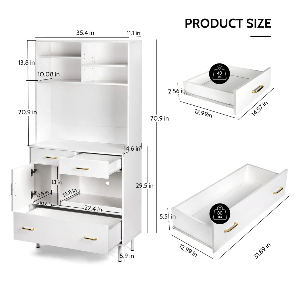 White 71'' Kitchen Pantry Storage Cabinet with 3 Drawers R160753