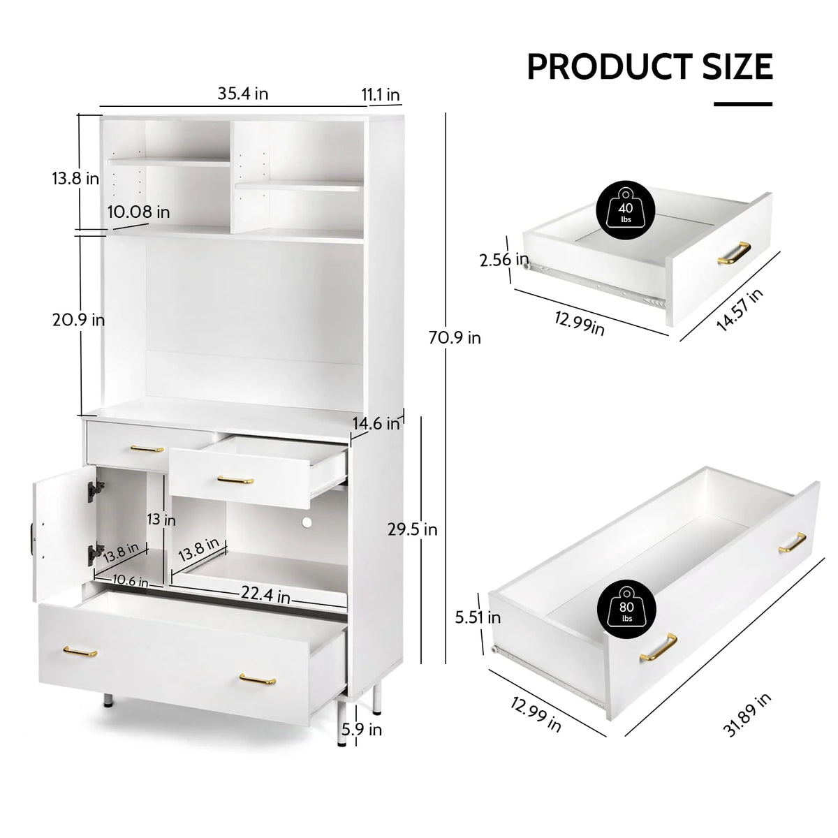 White 71'' Kitchen Pantry Storage Cabinet with 3 Drawers R160753