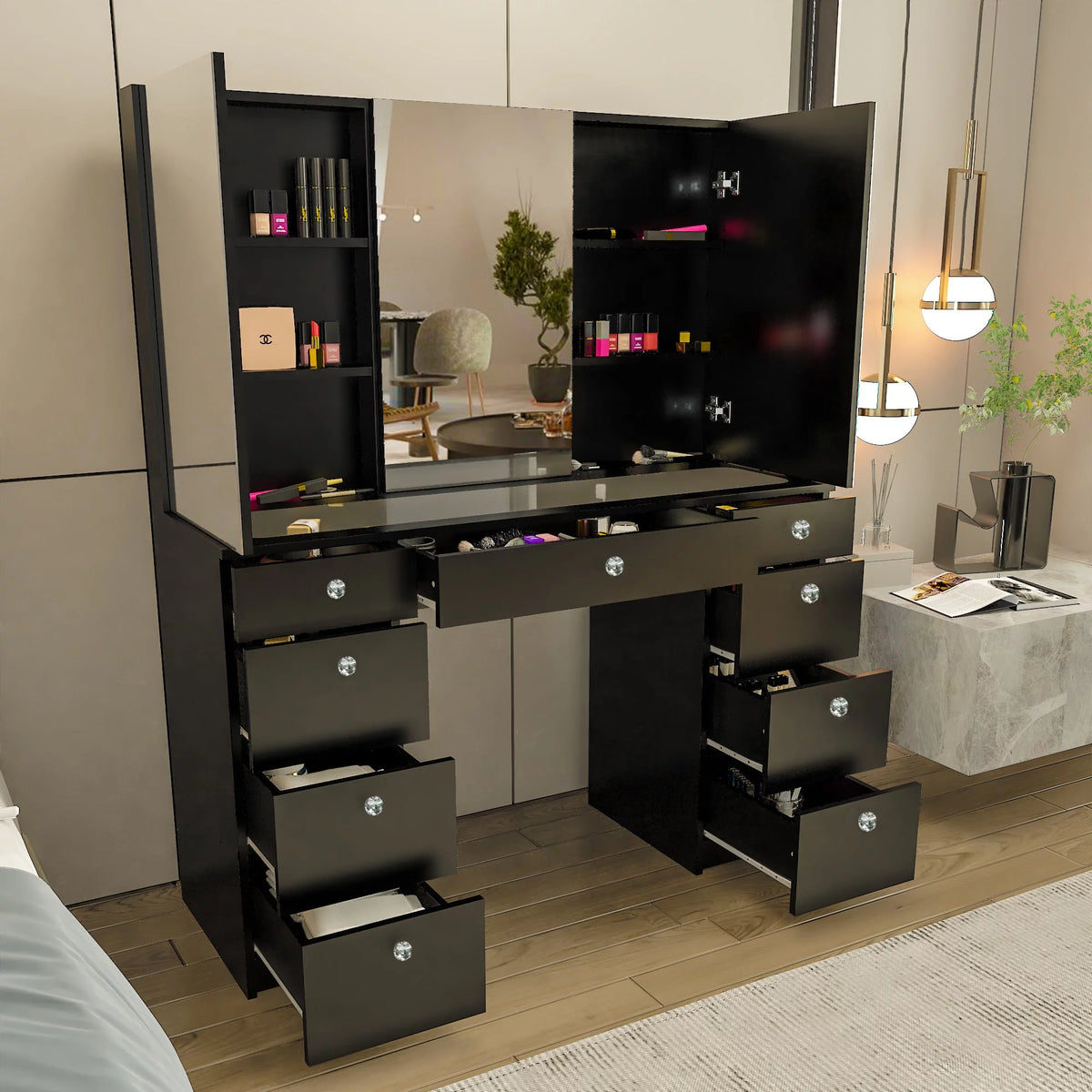 Black Painted Vanity Table with Crystal Knobs N719