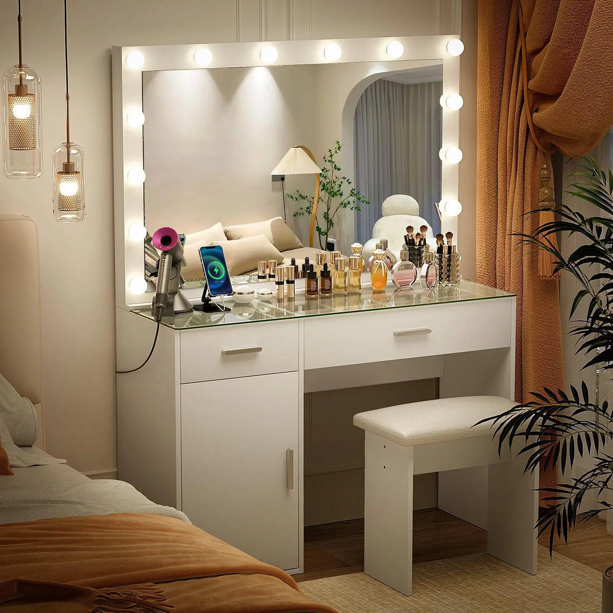 White Makeup Vanity Desk with Mirror and Lights U3949