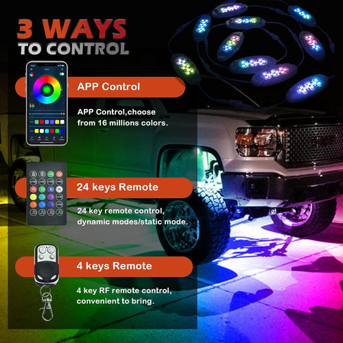 10 Pods RGB Rock Lights for Trucks, Multicolor Chasing Neon Underglow Lights Kits with APP/Remote Control & Music Mode, Waterproof IP68 Pack of 2 K4669