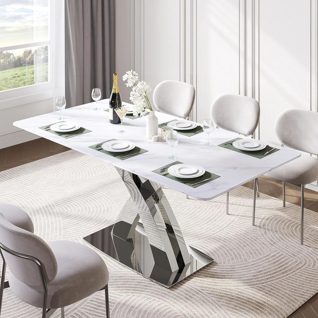 White Sintered Stone Dining Table for 8, Stainless Steel Base J210483