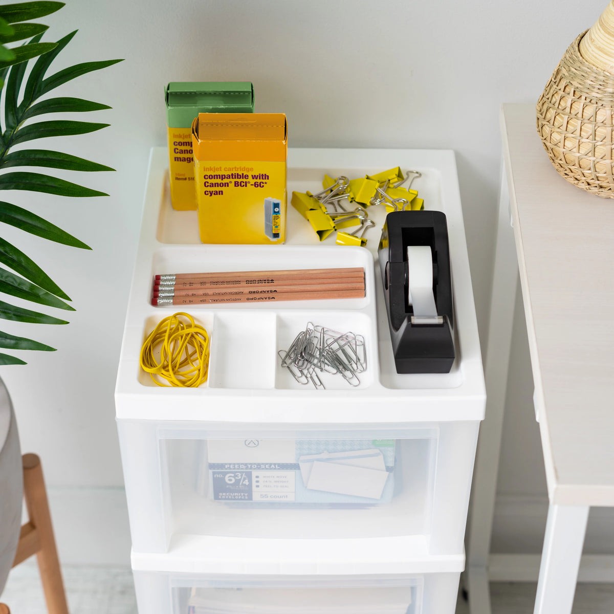 White 3 Drawer Narrow Plastic Storage Drawer with Organizer Top R6611