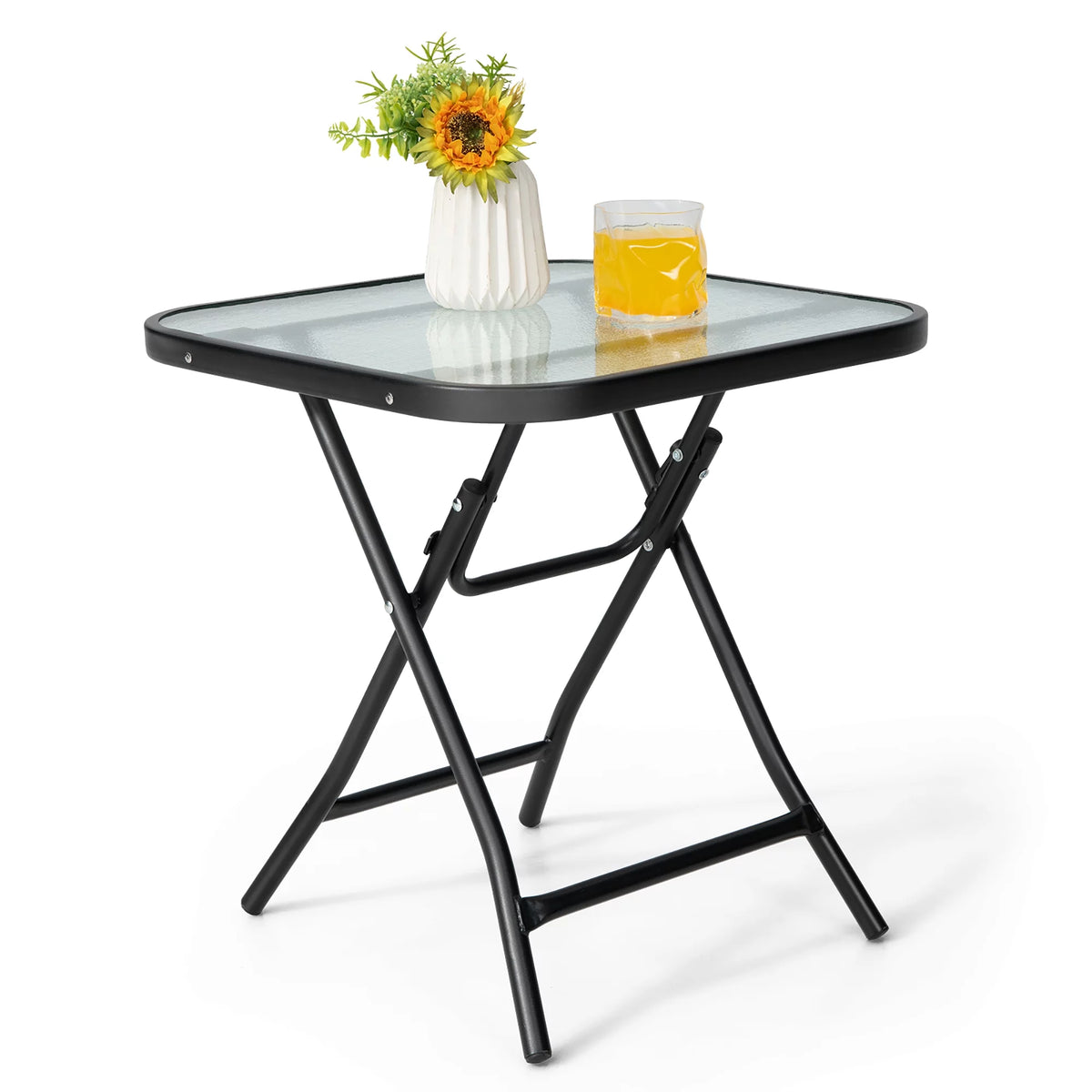 18'' Foldable Square Patio Side Table with Tempered Glass Top Y13001