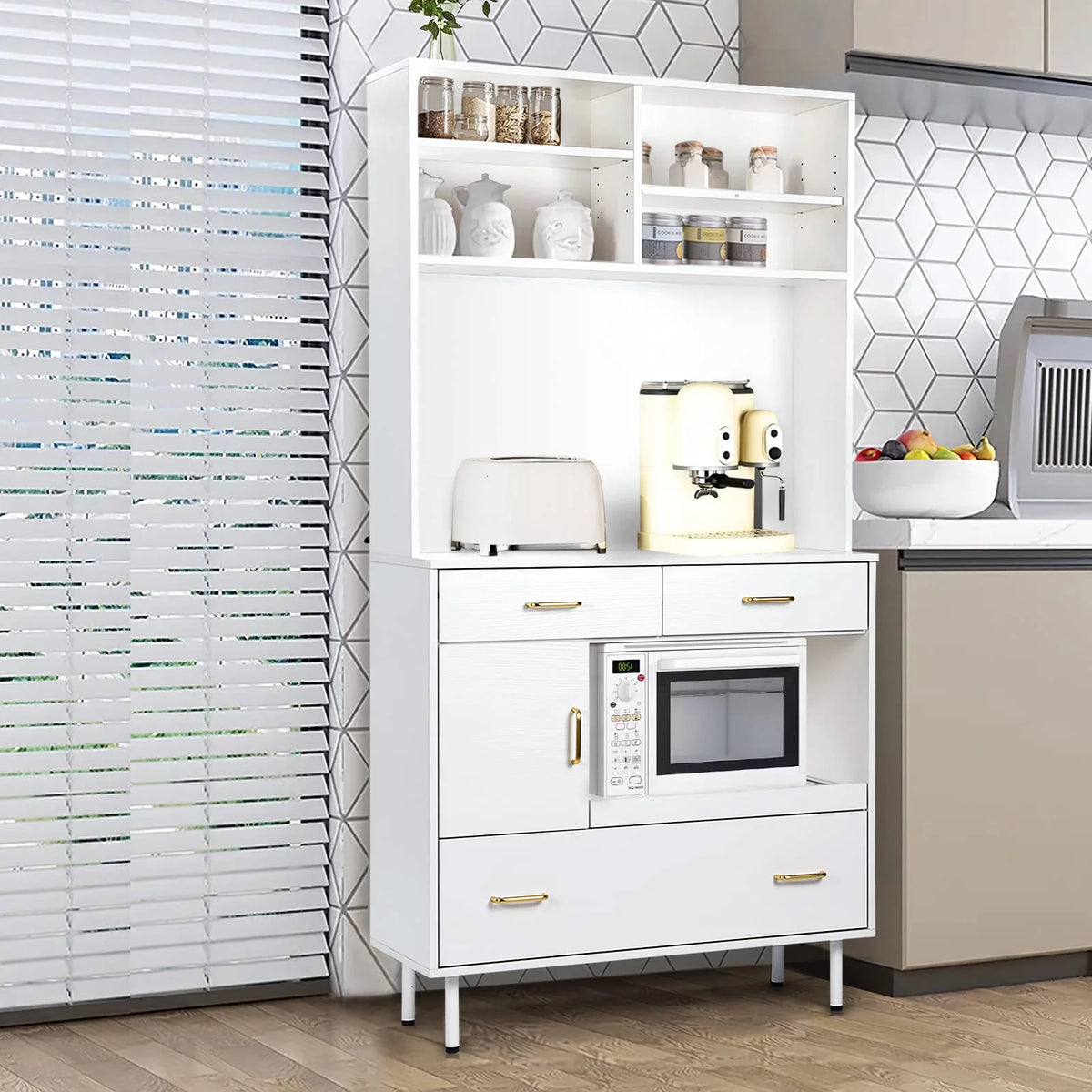 White 71'' Kitchen Pantry Storage Cabinet with 3 Drawers R160753