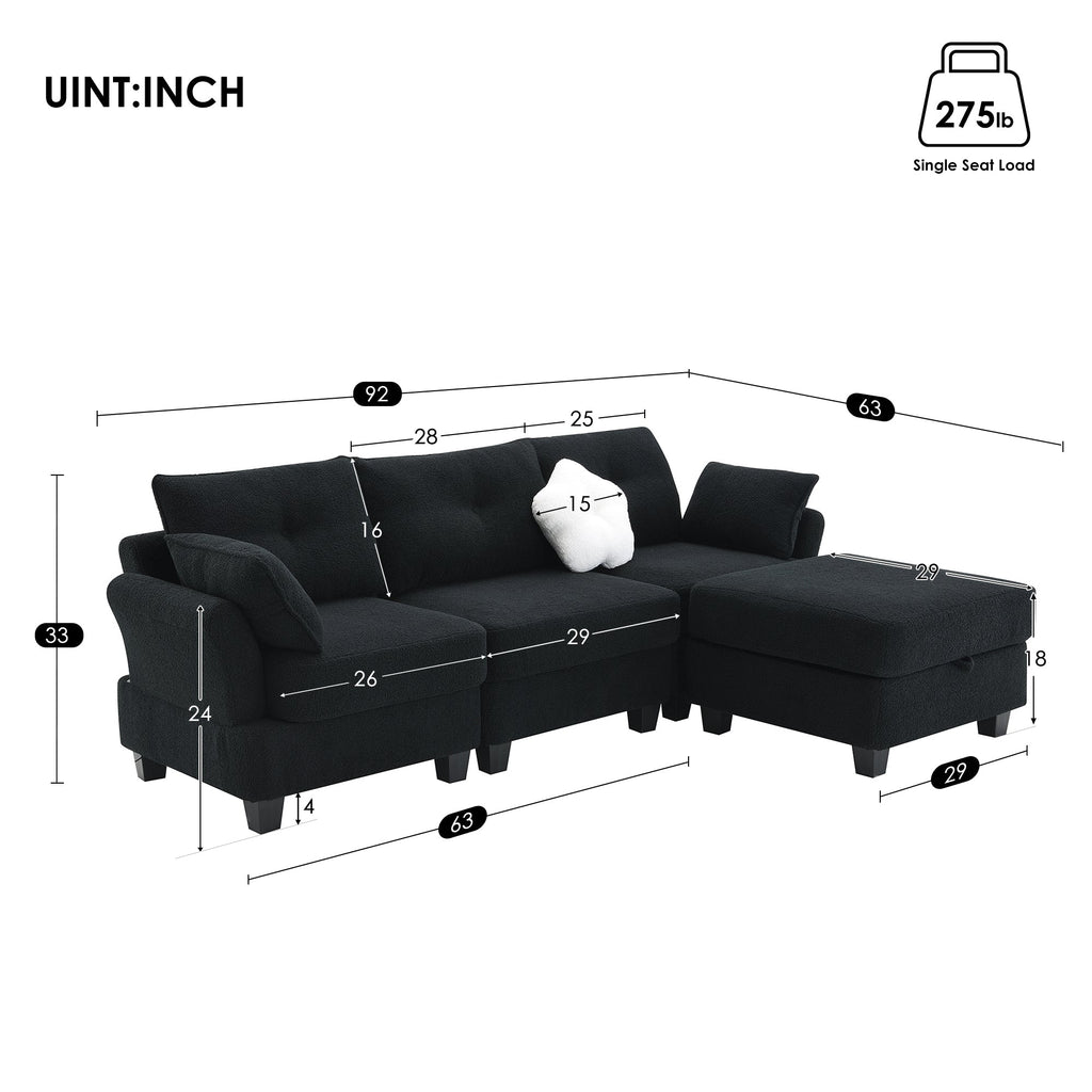 Black Velvet Sectional Sofa with Storage Ottoman L9800