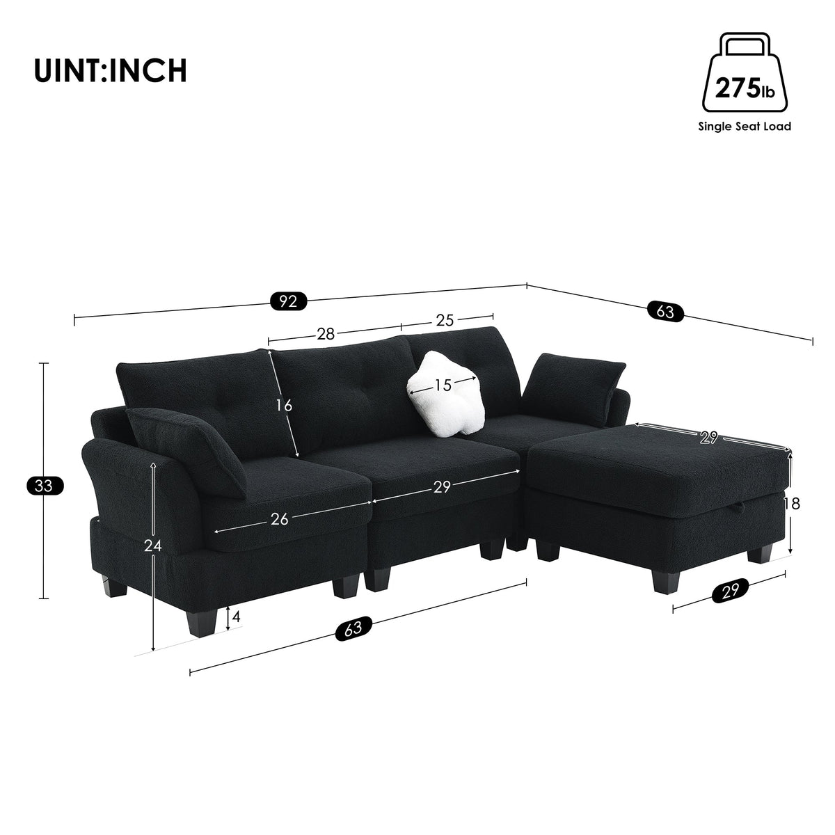 Black Velvet Sectional Sofa with Storage Ottoman L9800