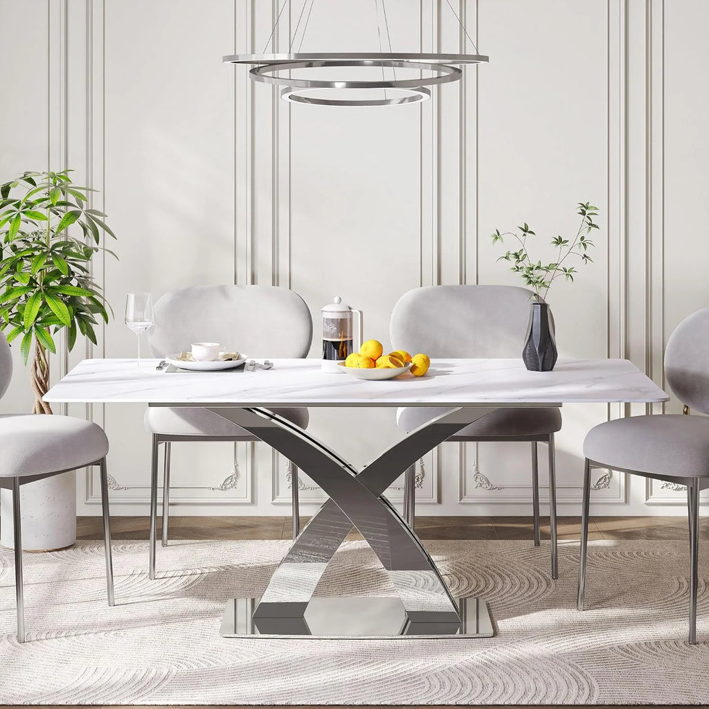 White Sintered Stone Dining Table for 8, Stainless Steel Base J210483
