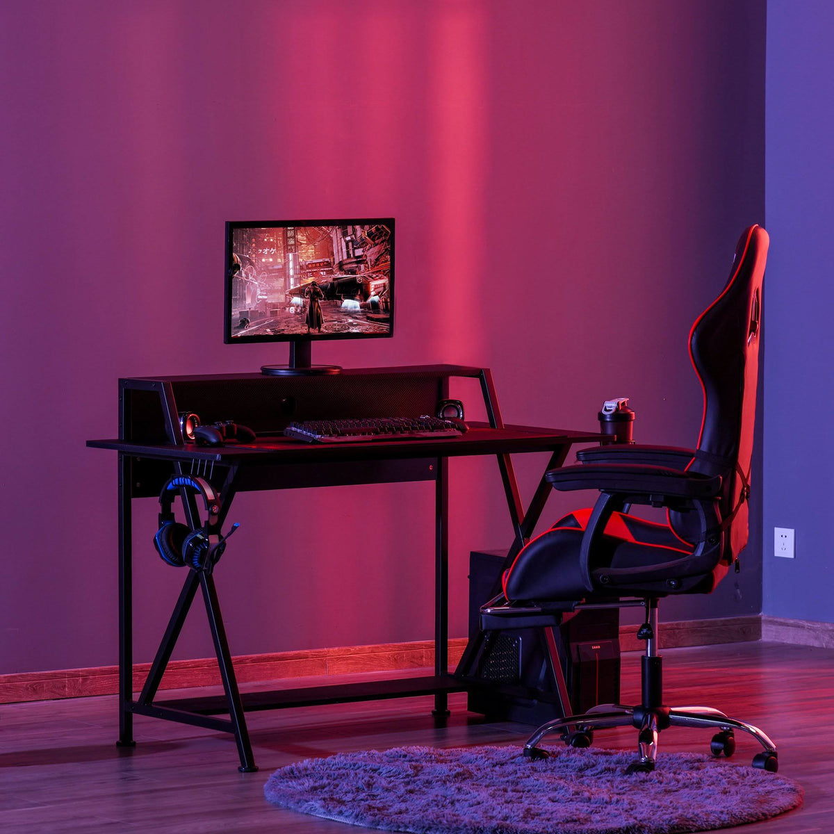 Black Gaming Desk with Monitor Shelf and Cup Holder V3039