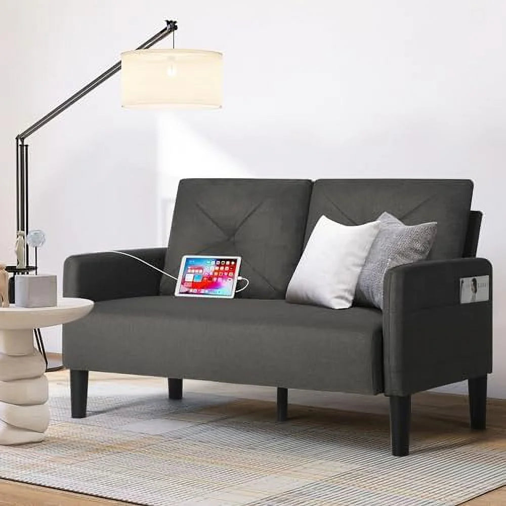 Tufted 2 Seater Loveseat Sofa Couch with Charger Port & Pocket J122