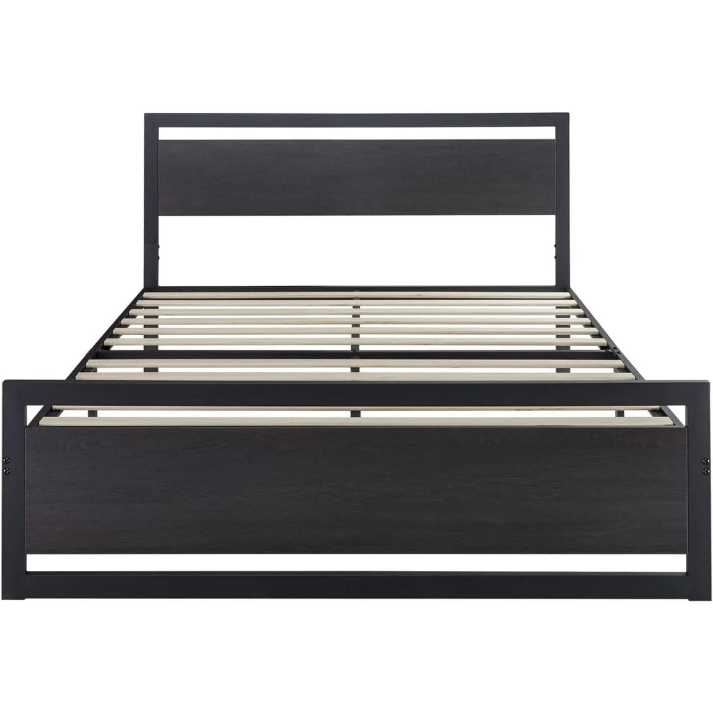 Black Metal Platform Bed Frame with Wood Headboard and Footboard F933423