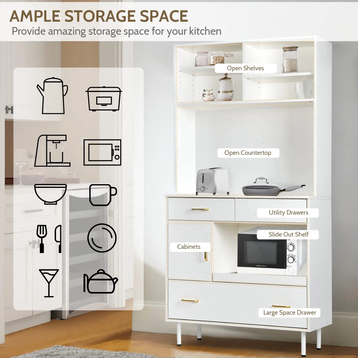 White 71'' Kitchen Pantry Storage Cabinet with 3 Drawers R160753