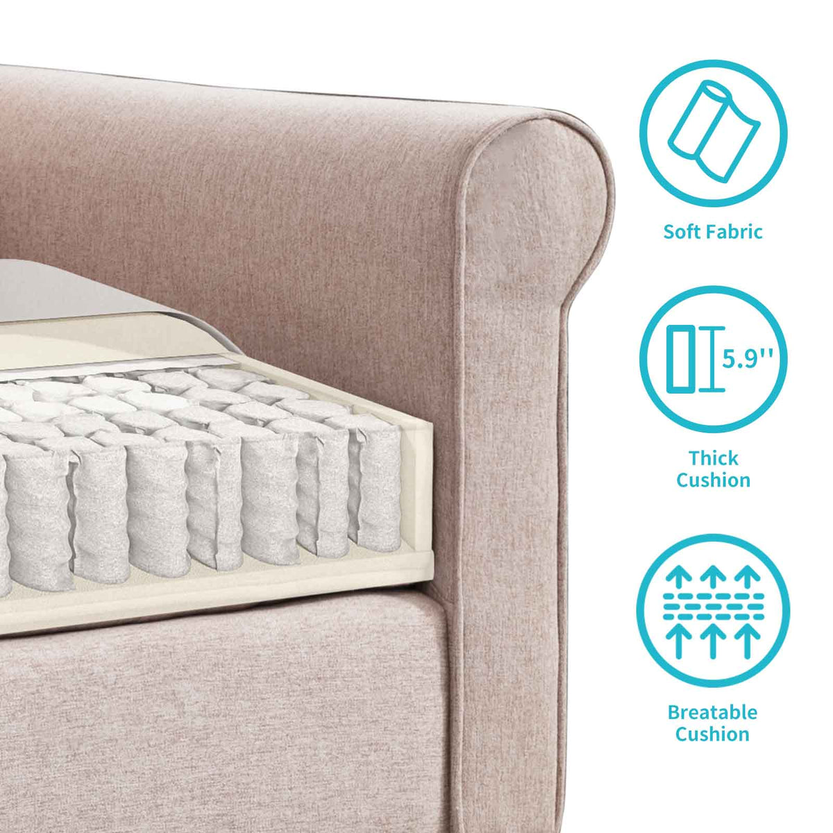 Linen Upholstered 3-Seater Sleeper Sofa with Cushion H906367