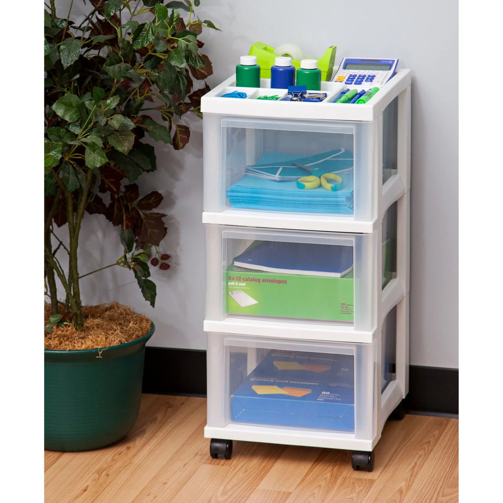 White 3 Drawer Narrow Plastic Storage Drawer with Organizer Top R6611