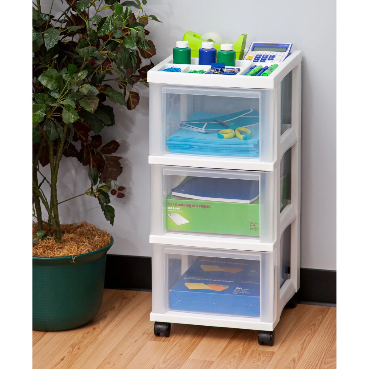 White 3 Drawer Narrow Plastic Storage Drawer with Organizer Top R6611