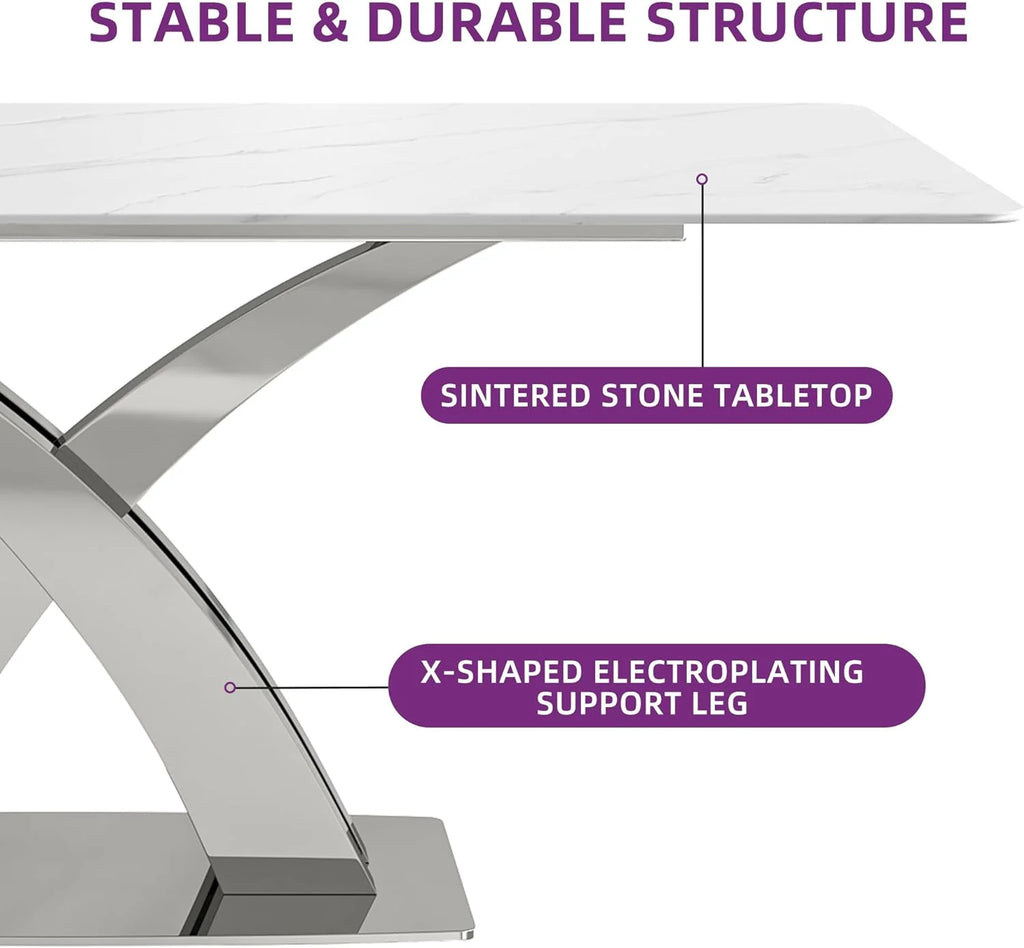 White Sintered Stone Dining Table for 8, Stainless Steel Base J210483