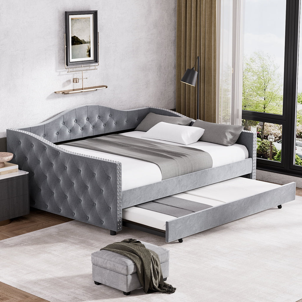 Full Size Tufted Upholstered Velvet Daybed with Trundle J96679