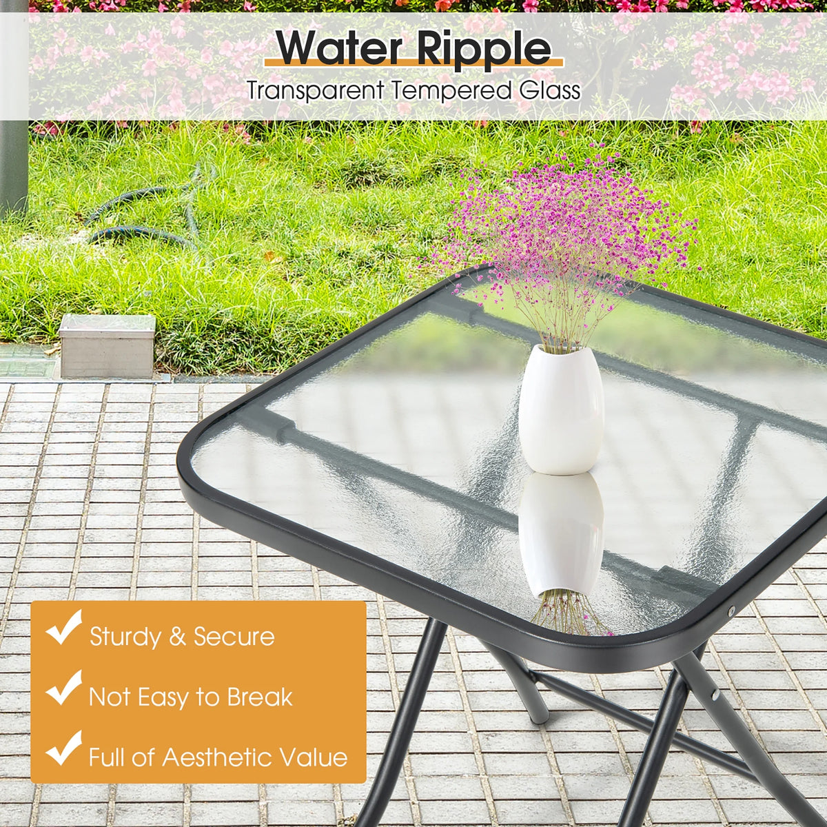 18'' Foldable Square Patio Side Table with Tempered Glass Top Y13001