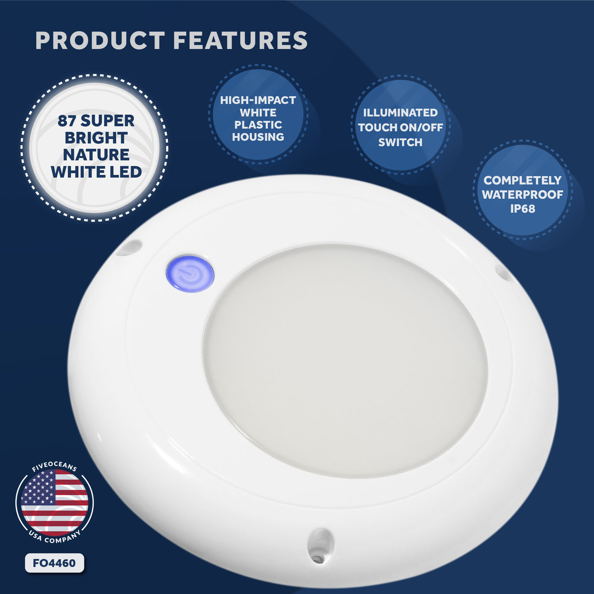Marine LED Interior Dome Light, 5 1/8 Inch, Nature White, 12V, IP68 E180074